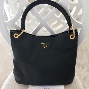 Prada Vitello Daino Hobo Black Brandy